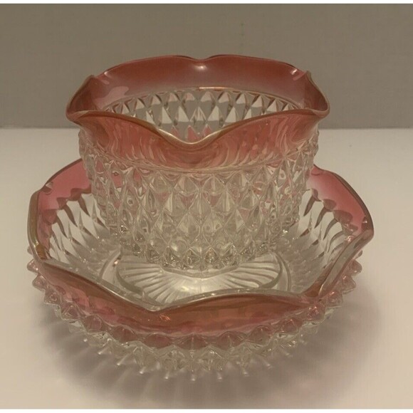 Vintage Pink Rim Crystal Cut Glass Bowl Set Scalloped Edge Pedestal Compote Dish - Picture 1 of 11